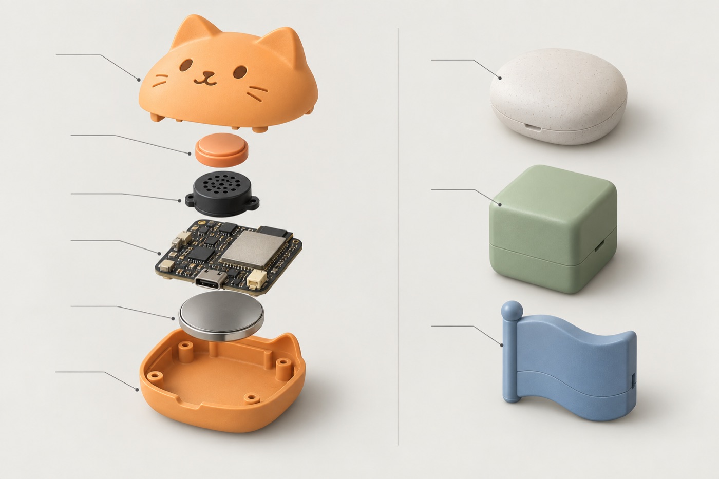Exploded Pod: shell, button, speaker, ESP32-S3 board, battery; interchangeable shells